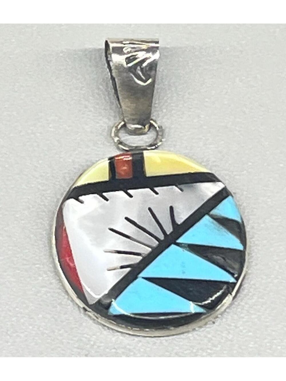 Native American Zuni handmade sterling silver turquoise coral onyx inlay pendant